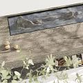 Rustic Wooden Coffee Table With Stone Decorations Green Plant And Sunlight On Light Floor