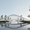 Modern White Curved Bridge Surrounded by Green Trees and Grass 3d model