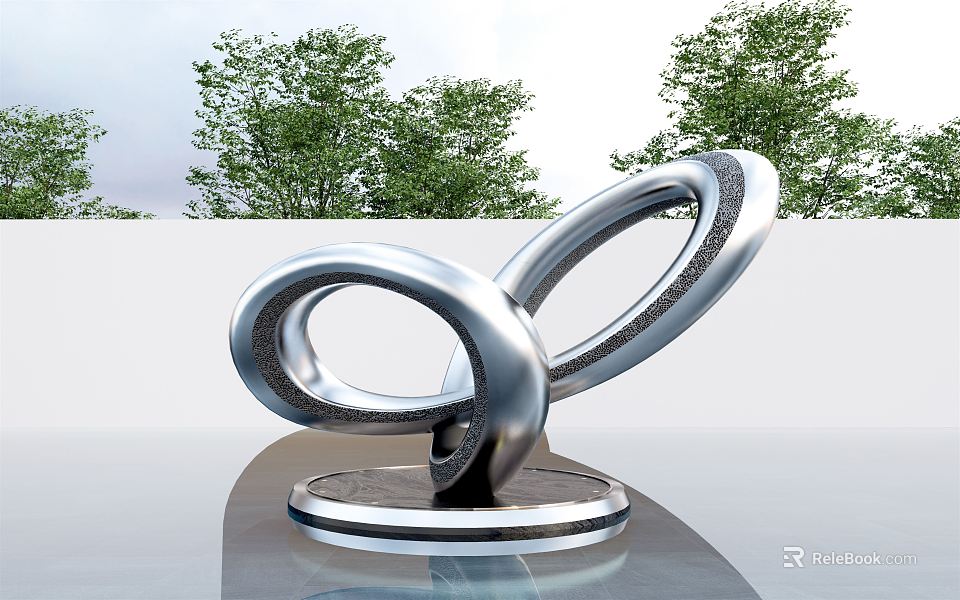 Modern Silver Intertwined Circular Ring Sculpture On Round Base With Trees Background 3d model 