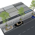 Garden Landscape Design With Paved Ground Tree Planters And Parking Spaces