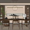 Traditional Tea Room Interior With Wooden Table Tea Sets And Moon Landscape Decor