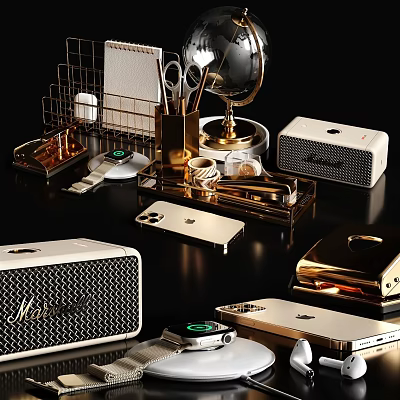 Elegant Modern Decorative Ornament Set With Gold Metallic Elements And Desktop Accessories 3d model