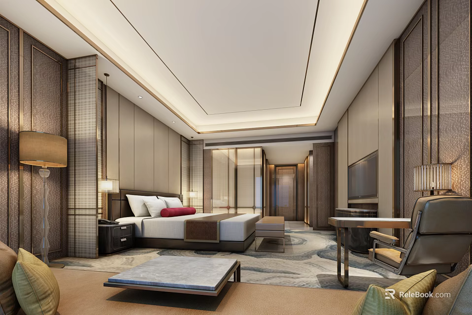Modern Hotel Guest Room Interior With King Bed Sofa TV And Coffee Table 3d model 