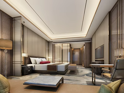 Modern Hotel Guest Room Interior With King Bed Sofa TV And Coffee Table 3d model