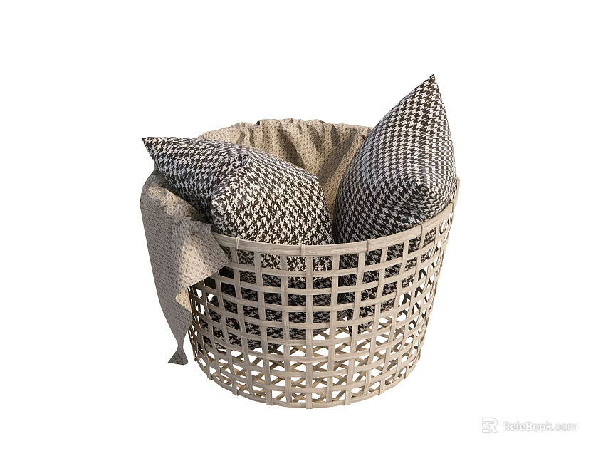 Woven Storage Basket With Checkered Pillows And Soft Fabric For Home Decor 3d model 