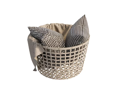 Woven Storage Basket With Checkered Pillows And Soft Fabric For Home Decor 3d model