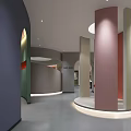 Modern Public Interior Space Featuring Circular Structure Green Curved Seating And Arched Doorway