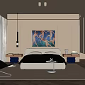 Modern Minimalist Bedroom Interior With Bed Painting Blinds Chair And Pendant Light