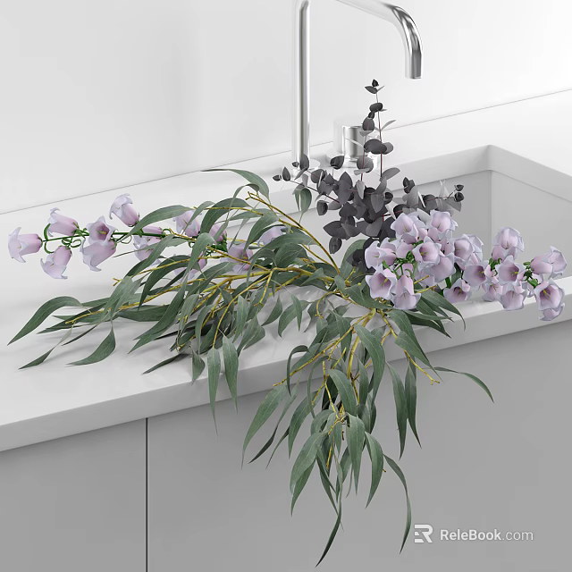 Elegant Washbasin With White Countertop Purple Flowers Green Leaves And Mirror 3d model 