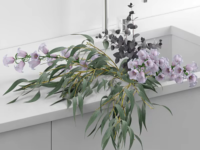 Elegant Washbasin With White Countertop Purple Flowers Green Leaves And Mirror 3d model