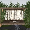 Tranquil Park Landscape Featuring Bamboo Pavilion Hanging Curtains Bamboo Grove Lanterns And Stone Pathway