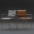 Modern Accent Chairs Brown Black Leather Upholstered With Copper Metal Frame Armrests Contemporary Design