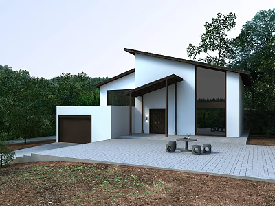 Modern Detached Villa with White Exterior Garage Stone Patio Benches Surrounded by Green Trees 3d model