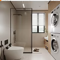 Modern Bathroom Interior With Glass Shower Enclosure Toilet Washing Machine Blinds And Plant