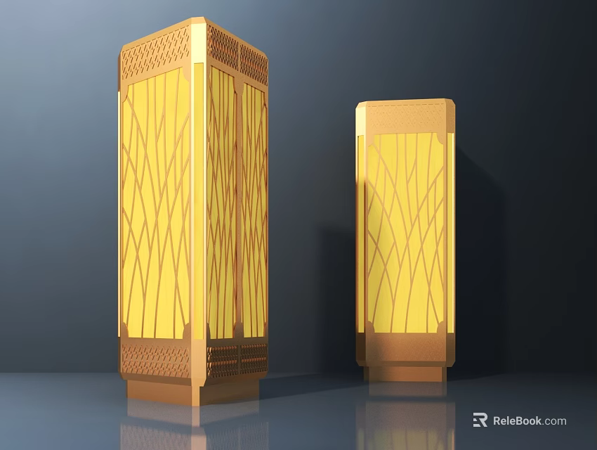 Two Elegant Outdoor Lights With Golden Yellow Wavy Pattern Panels And Base 3d model 