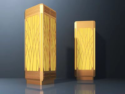 Two Elegant Outdoor Lights With Golden Yellow Wavy Pattern Panels And Base 3d model