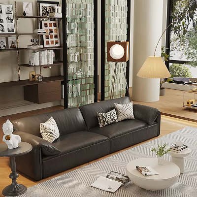 Modern Living Room Interior With Black Leather Sofa Decorative Pillows And Floor Lamp 3d model