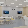School Classroom Interior With White Student Desks Podium Large Screens And Wooden Walls