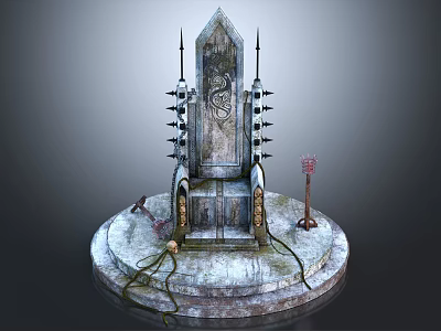 Ornate Spiked Ancient Throne With Runes On Frost Covered Pedestal Decorated With Skull And Weapon 3d model