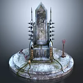 Ornate Spiked Ancient Throne With Runes On Frost Covered Pedestal Decorated With Skull And Weapon