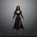 3D Model Woman With Long Hair In Black Coat Gold Trim And Slit Design Standing
