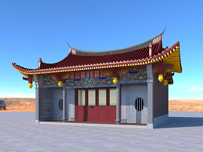 Ancient Chinese Architecture Featuring Traditional Roof Overhanging Eaves Red Doors Yellow Lanterns And Carvings 3d model
