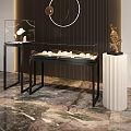Elegant Glass Display Cabinets With Golden Metal Frame Showcasing Jewelry On Marble Floor