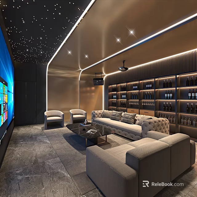 Elegant Modern Home Theater Room With Starry Ceiling Large Screen Comfortable Sofa And Wine Racks 3d model 