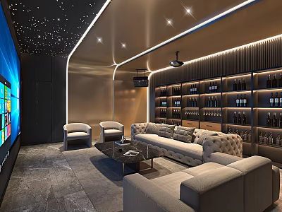 Elegant Modern Home Theater Room With Starry Ceiling Large Screen Comfortable Sofa And Wine Racks 3d model
