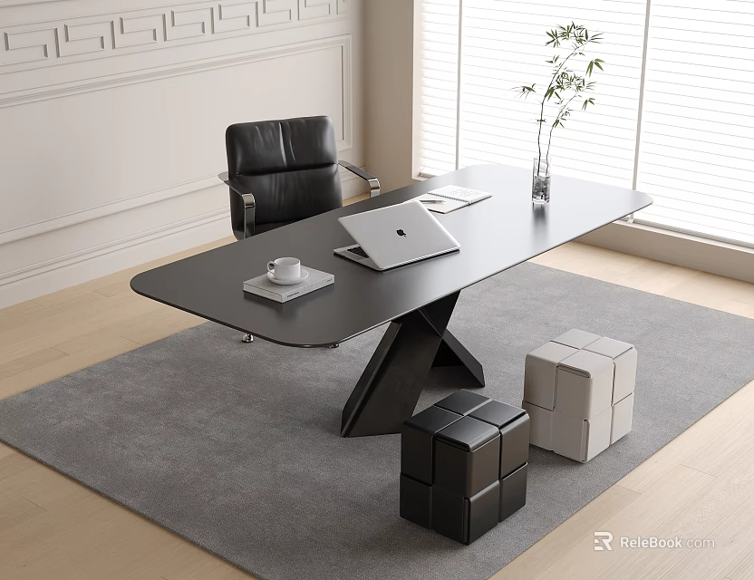 Modern Desk With Black Leather Chair Laptop Coffee Cup Plant Gray Rug And Cube Stools 3d model 