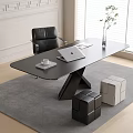 Modern Desk With Black Leather Chair Laptop Coffee Cup Plant Gray Rug And Cube Stools
