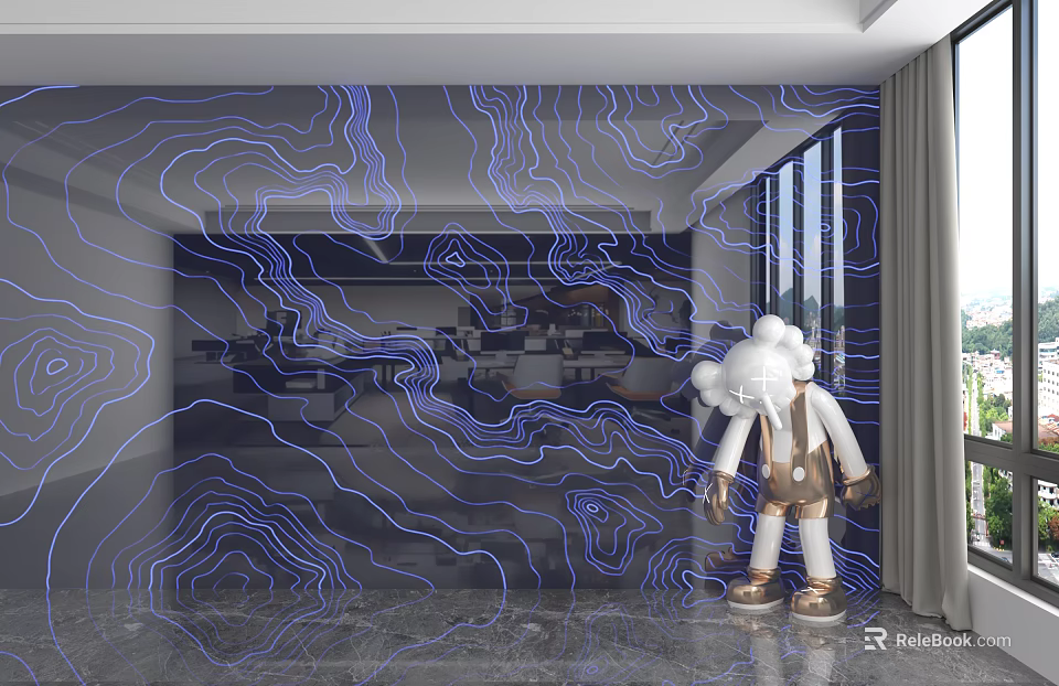 Gray Wall Panel With Blue Wavy Lines In Modern Room With Marble Floor Window Curtain 3d model 