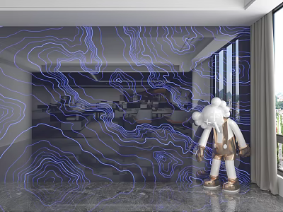 Gray Wall Panel With Blue Wavy Lines In Modern Room With Marble Floor Window Curtain 3d model