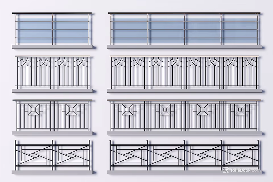 Different Decorative Metal Railings With Glass Panels And Patterned Designs 3d model 