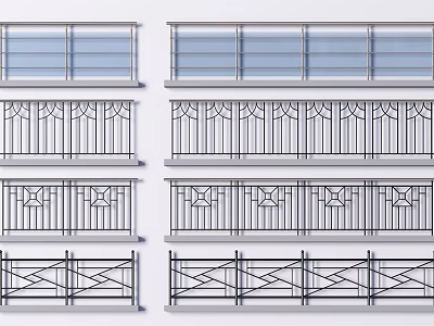 Different Decorative Metal Railings With Glass Panels And Patterned Designs 3d model
