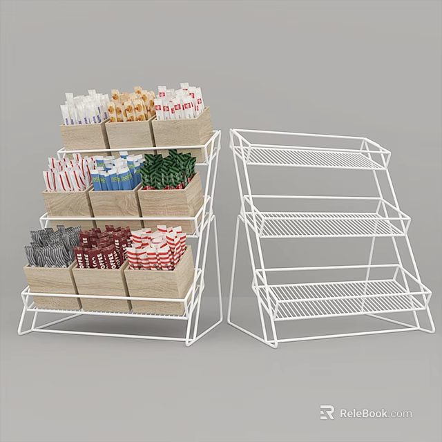 White Wire Storage Racks With Multiple Tiers And Colorful Packaged Items 3d model