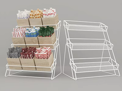 White Wire Storage Racks With Multiple Tiers And Colorful Packaged Items 3d model