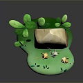 Cartoon Animal Characters with Stone Carvings Green Grass Leaves and Light Blue Background