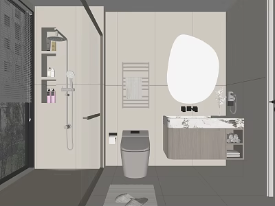 Modern Bathroom Interior With Shower Area Toilet Vanity Marble Countertop And Mirror 3d model
