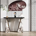 Modern Elegant Console Table Interior With Marble Top And Geometric Wall Design