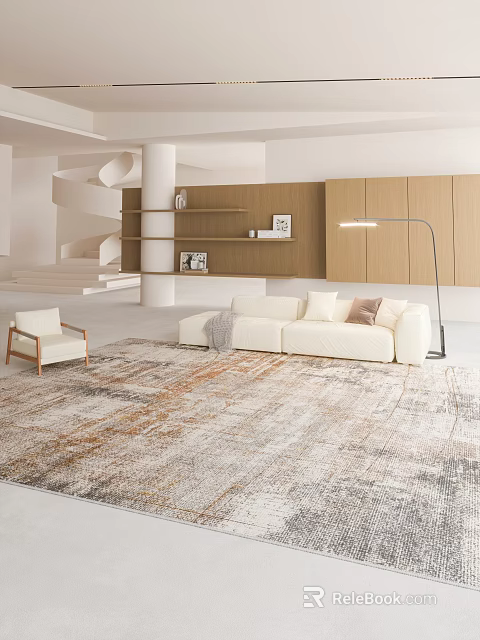 Modern Living Room Interior With White Sofa Neutral Rug Armchair And Decorative Shelves 3d model 