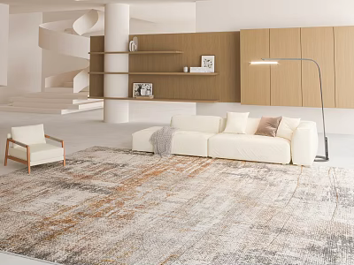 Modern Living Room Interior With White Sofa Neutral Rug Armchair And Decorative Shelves 3d model