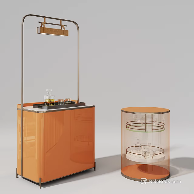 Modern Elegant Orange Storage Cabinet And Transparent Round Multi Layer Shelving Unit With Items 3d model 