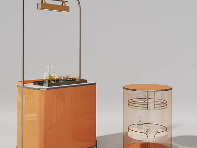 Modern Elegant Orange Storage Cabinet And Transparent Round Multi Layer Shelving Unit With Items 3d model