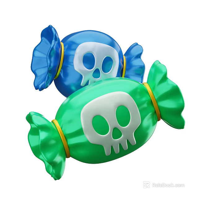 Decorative Candy Shaped Ornament Set With Blue Green Skull Design And Yellow Ribbons 3d model 