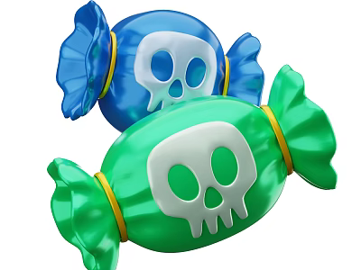 Decorative Candy Shaped Ornament Set With Blue Green Skull Design And Yellow Ribbons 3d model