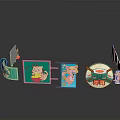 Cartoon Style Sushi Food Display With Round Sign And Patterned Boards