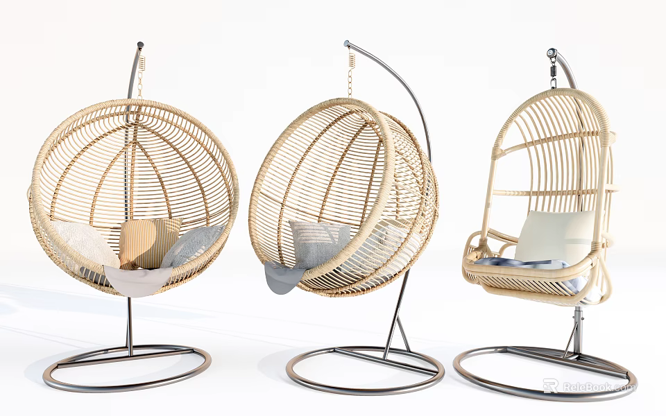 Modern Rattan Hanging Chairs with Metal Stand and Soft Cushions Design 3d model 
