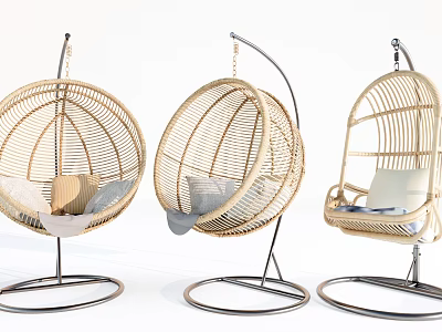 Modern Rattan Hanging Chairs with Metal Stand and Soft Cushions Design 3d model