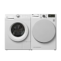 Two White Front Loading Washing Machines With Modern Design And Digital